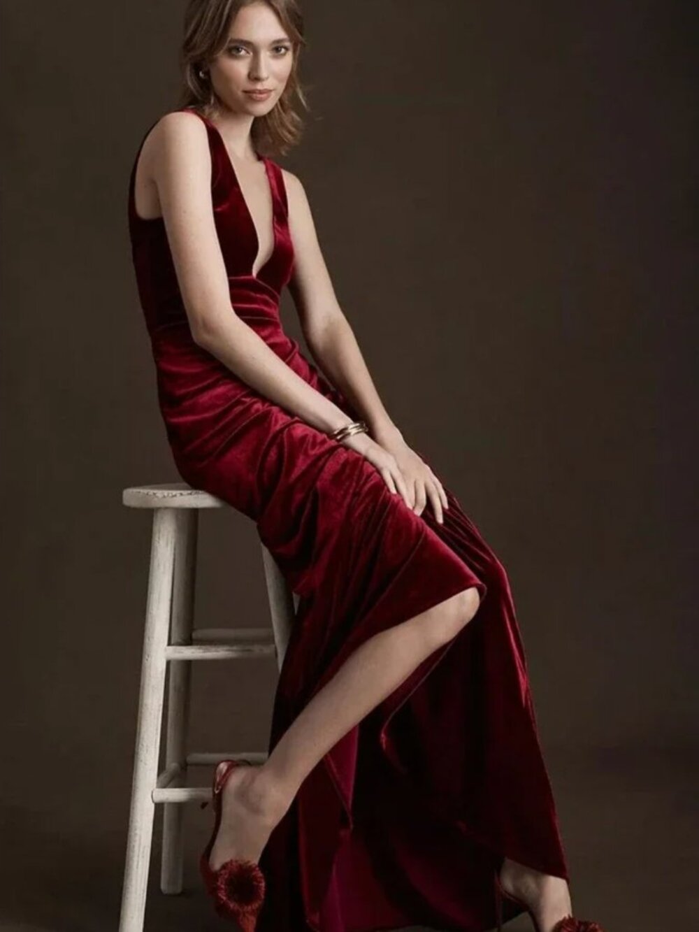 Jenny Yoo Logan Deep V Velvet Column Gown Burgundy Formal Evening Dress 4